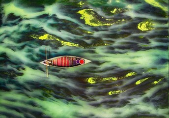 People guide their boats through tranquil, water color-like green reeds and algae on the Karatoya...