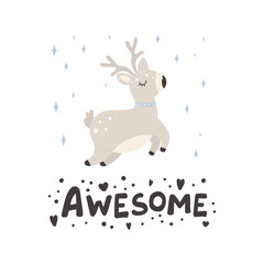 Cute christmas deer. Vector print in scandinavian style. Hand drawn vector illustration for posters, cards, t-shirts