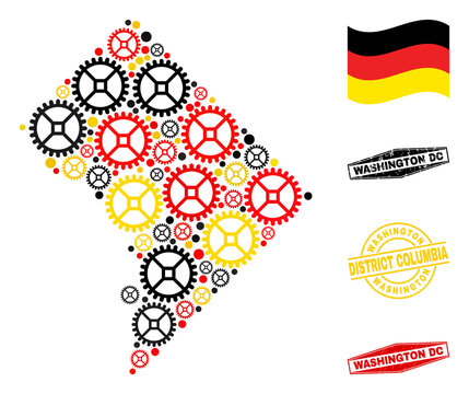 Mechanics Washington District Columbia map collage and seals. Vector collage is created with cog elements in variable sizes, and German flag official colors - red, yellow, black.