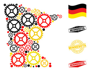 Repair workshop Minnesota State map collage and seals. Vector collage is designed of repair service elements in variable sizes, and Germany flag official colors - red, yellow, black.