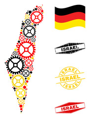 Repair service Israel map mosaic and seals. Vector collage is created from repair service elements in different sizes, and Germany flag official colors - red, yellow, black.