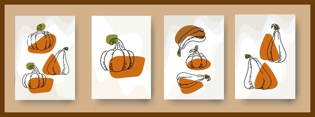 A set of autumn interior posters with pumpkins. Postcards with pumpkins. Line. Hand drawn.
