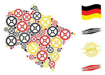 Repair workshop Uttarakhand State map composition and seals. Vector collage is created of repair workshop items in various sizes, and German flag official colors - red, yellow, black.