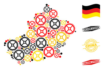 Wheel Xinjiang Uyghur Region map collage and stamps. Vector collage is formed with clock gear items in variable sizes, and Germany flag official colors - red, yellow, black.