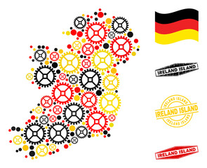 Gear Ireland Island map collage and stamps. Vector collage is formed with cog items in various sizes, and Germany flag official colors - red, yellow, black.