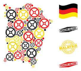 Wheel Penang Island map mosaic and stamps. Vector collage is composed with repair workshop items in various sizes, and German flag official colors - red, yellow, black.