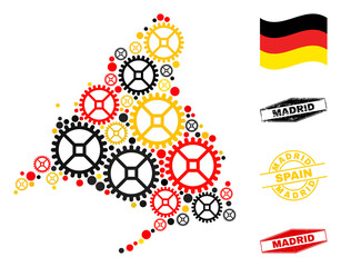 Repair workshop Madrid Province map composition and seals. Vector collage is designed with clock gear items in variable sizes, and Germany flag official colors - red, yellow, black.