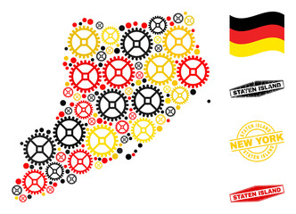Service Staten Island map mosaic and seals. Vector collage is formed from workshop icons in different sizes, and Germany flag official colors - red, yellow, black.