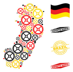 Industrial Espirito Santo State map composition and seals. Vector collage is created of industrial elements in variable sizes, and Germany flag official colors - red, yellow, black.