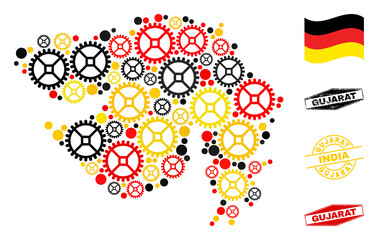 Service Gujarat State map collage and stamps. Vector collage is composed from service items in different sizes, and German flag official colors - red, yellow, black.