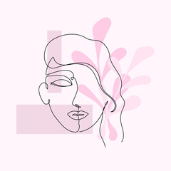 Poster line woman face with leaf and geometric shapes. One-line drawing style. Vector illustration for design clothes, card, notepad, poster.