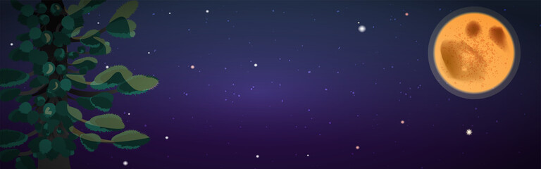 Background with pine trees on the background of the starry sky and the moon. For websites and banners