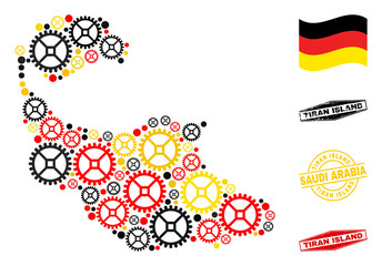 Cog Tiran Island map collage and seals. Vector collage is composed of mechanics elements in different sizes, and German flag official colors - red, yellow, black.