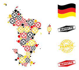 Gear Mayotte Islands map collage and seals. Vector collage is composed with industrial icons in different sizes, and German flag official colors - red, yellow, black.