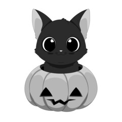 Czarny uroczy kot w dyni. Halloween. Cukierek albo psikus! Mały zabawny kotek. Czarno-biała ilustracja wektorowa.