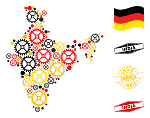 Service India map mosaic and stamps. Vector collage composed of industrial elements in various sizes, and Germany flag official colors - red, yellow, black.
