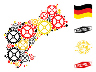 Service Tarragona Province map collage and stamps. Vector collage is created from repair service elements in different sizes, and Germany flag official colors - red, yellow, black.
