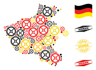 Service Henan Province map composition and stamps. Vector collage is composed of repair service items in variable sizes, and Germany flag official colors - red, yellow, black.