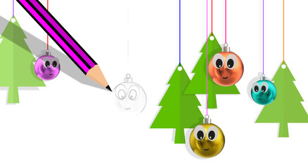 A PENCIL. Christmas bauble balls. Face with expression. Green pine trees. In progress. Creative 3D ILLUSTRATION. Painting, art concept, drawing teaching. Course, learning to draw. NATIVITY ornament.