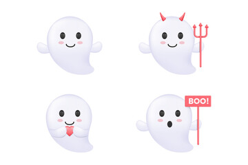 smiling ghost horned holding heart and boo icon white background