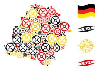 Cog Lodz Voivodeship map collage and seals. Vector collage is designed from repair workshop icons in different sizes, and German flag official colors - red, yellow, black.