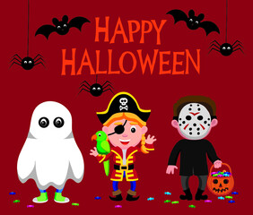 cute cartoon style vector illustration of children wearing halloween costumes
