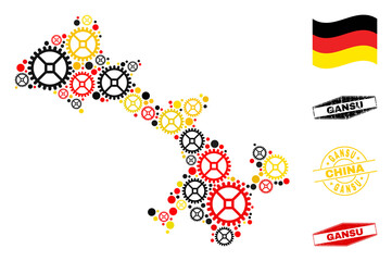 Repair service Gansu Province map composition and seals. Vector collage is formed of repair service items in various sizes, and German flag official colors - red, yellow, black.