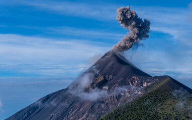 Panoramic view of the stunning Volcan de Fuego (Fire Volcano) in Guatemala erupting