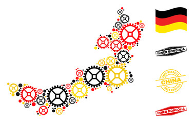 Workshop Inner Mongolia map mosaic and seals. Vector collage is created of service icons in different sizes, and Germany flag official colors - red, yellow, black.