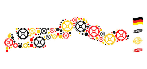 Gear the Gambia map composition and stamps. Vector collage is composed with clock gear icons in variable sizes, and German flag official colors - red, yellow, black.