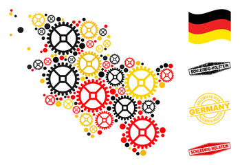 Workshop Schleswig-Holstein Land map collage and stamps. Vector collage is composed from repair workshop icons in variable sizes, and German flag official colors - red, yellow, black.