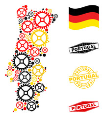 Service Portugal map composition and stamps. Vector collage is designed with repair service icons in various sizes, and German flag official colors - red, yellow, black.