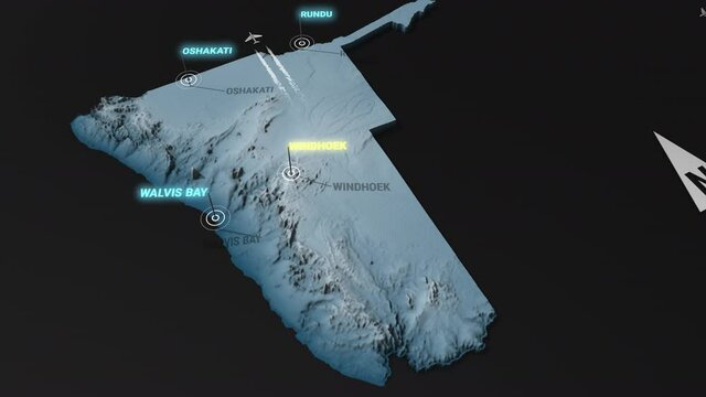 Seamless looping animation of the 3d terrain map at nighttime of Namibia with the capital and the biggest cites in 4K resolution