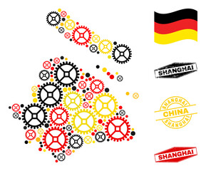 Industrial Shanghai City map collage and seals. Vector collage is created from clock gear items in various sizes, and Germany flag official colors - red, yellow, black.