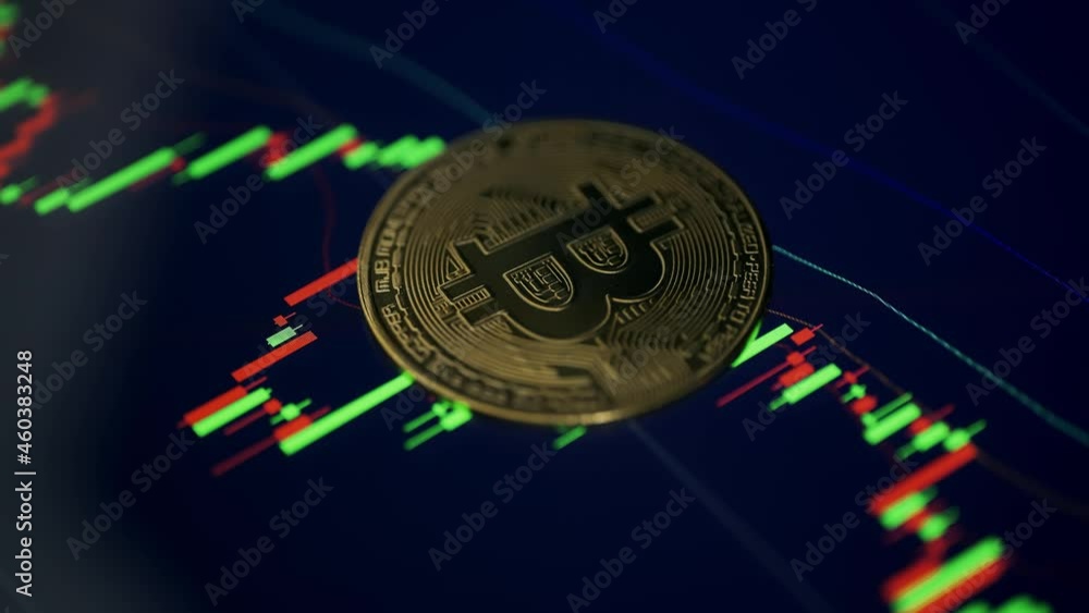 Poster golden bitcoin coin is rotating on a candles chart background. virtual cryptocurrency payment system