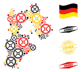 Workshop Hebei Province map collage and seals. Vector collage is formed of repair workshop icons in different sizes, and Germany flag official colors - red, yellow, black.