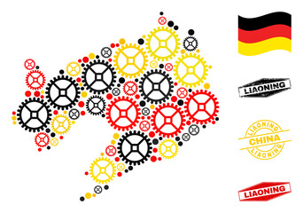 Repair workshop Liaoning Province map mosaic and seals. Vector collage is composed from repair service icons in different sizes, and Germany flag official colors - red, yellow, black.