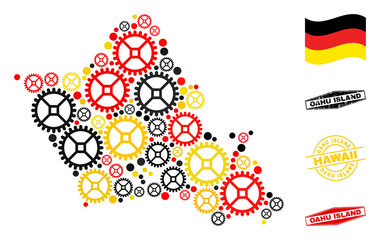Repair service Oahu Island map collage and seals. Vector collage is created with repair service icons in different sizes, and German flag official colors - red, yellow, black.