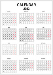 2022 calendar planner. Corporate week. Template layout, 12 months yearly, white background. Simple design for business brochure, flyer, print media, advertisement. Week starts from Monday
