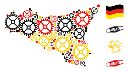 Service Sicilia map mosaic and stamps. Vector collage is formed with cog icons in various sizes, and Germany flag official colors - red, yellow, black.
