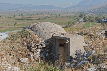 Concrete military bunker ruins built in communist era Albania