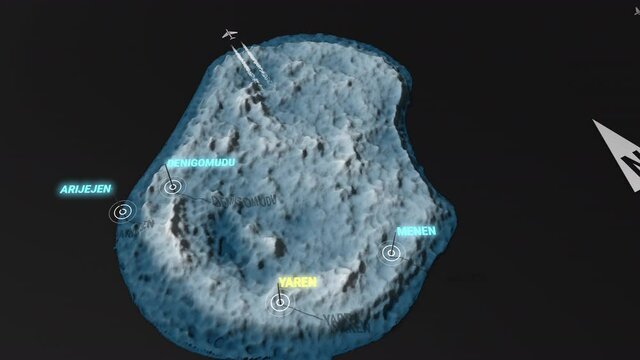 Seamless looping animation of the 3d terrain map at nighttime of Nauru with the capital and the biggest cites in 4K resolution