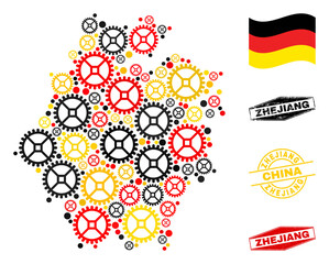 Service Zhejiang Province map composition and stamps. Vector collage is designed of service items in variable sizes, and Germany flag official colors - red, yellow, black.