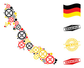 Repair workshop Veracruz State map collage and seals. Vector collage is created with repair workshop elements in various sizes, and Germany flag official colors - red, yellow, black.