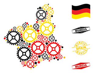 Repair service Murcia Province map composition and seals. Vector collage is composed of workshop icons in different sizes, and Germany flag official colors - red, yellow, black.