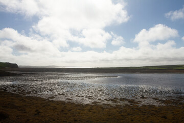 View from Loweer Sky Road near Clifden County Galway of mudflats in sunshine selective focus
