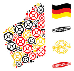 Repair workshop Western Australia map collage and seals. Vector collage is composed from repair service elements in different sizes, and German flag official colors - red, yellow, black.