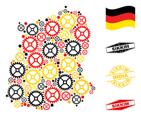 Cog Sikkim State map composition and stamps. Vector collage is formed from service elements in variable sizes, and Germany flag official colors - red, yellow, black.