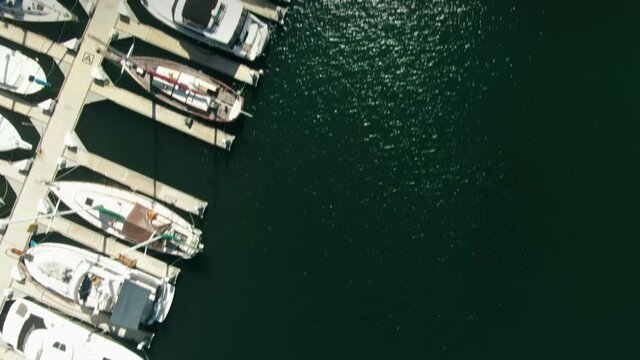 Aerial: Chula Vista harbor with yachts and boats. San Diego, California, USA