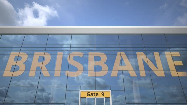 BRISBANE city name and landing plane at modern airport
